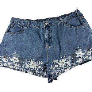 Shein Curve Denim Shorts Size 4XL Floral Embordered Booty Blue